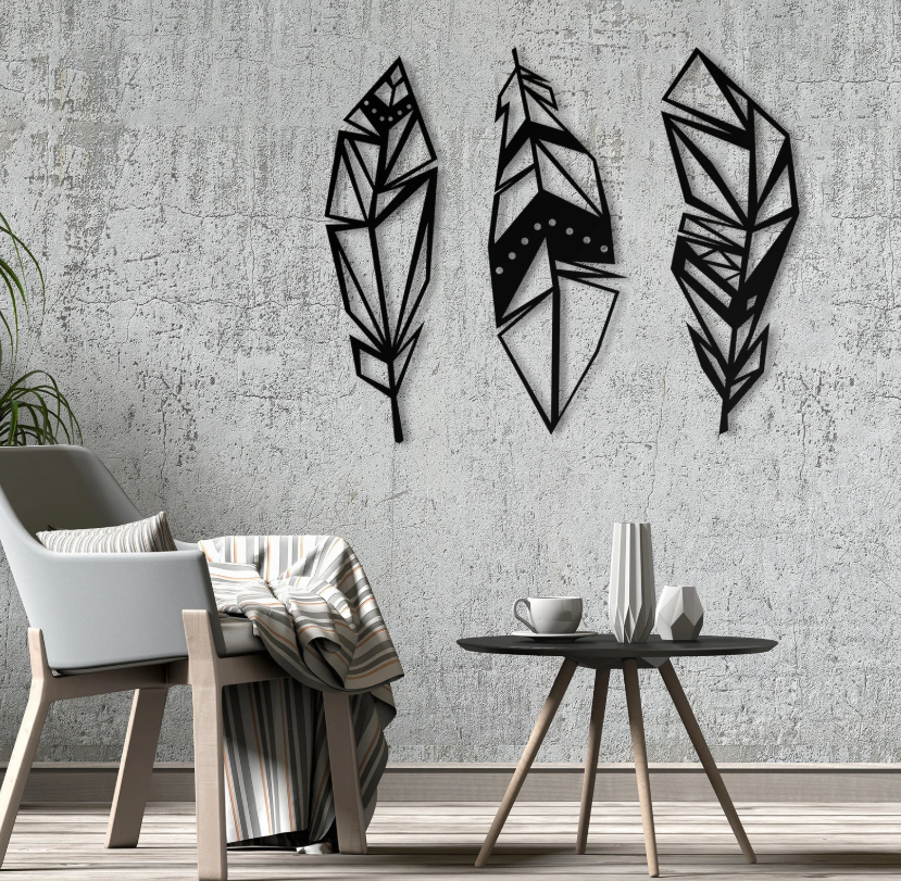 Metal Feather Wall Hanging – Geometric Style (3Pcs)