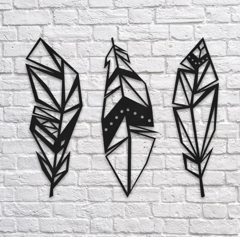 Metal Feather Wall Hanging – Geometric Style (3Pcs)