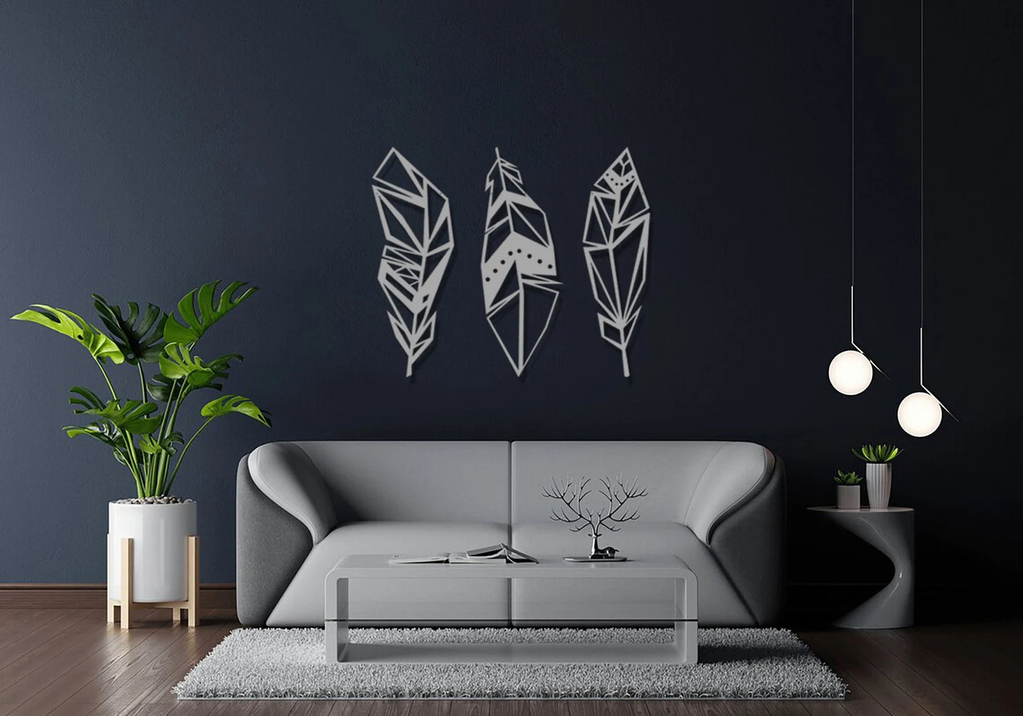 Metal Feather Wall Hanging – Geometric Style (3Pcs)