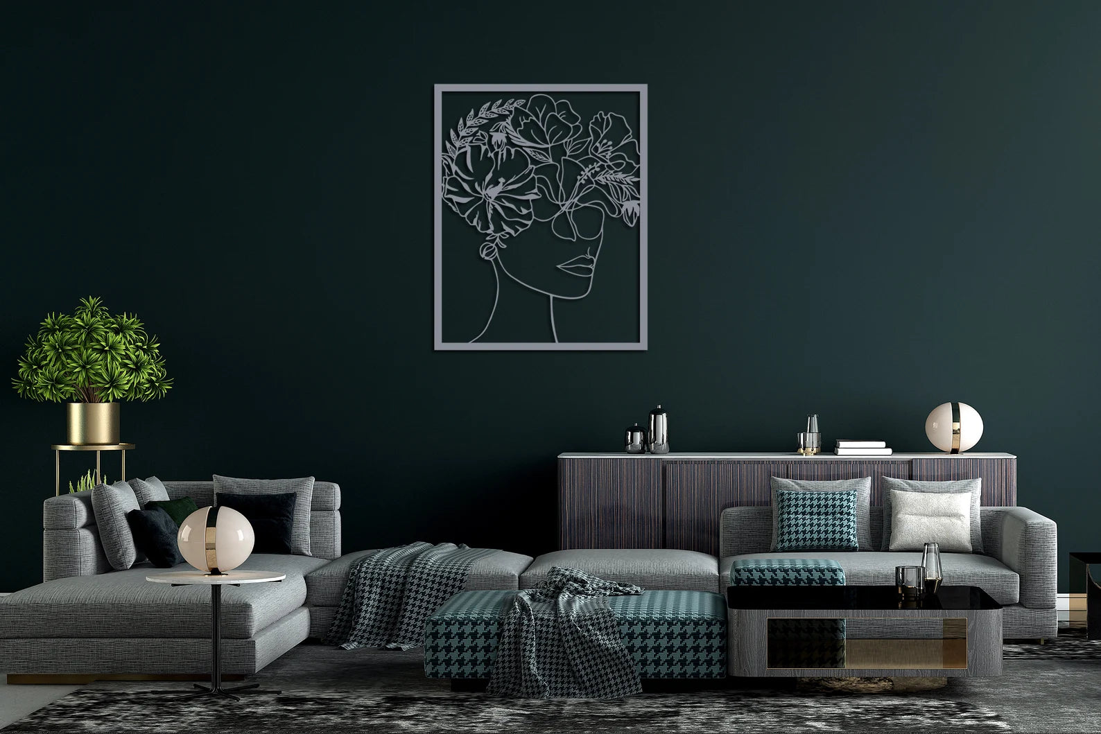 Abstract Woman Face Wall Art- Floral Metal Design