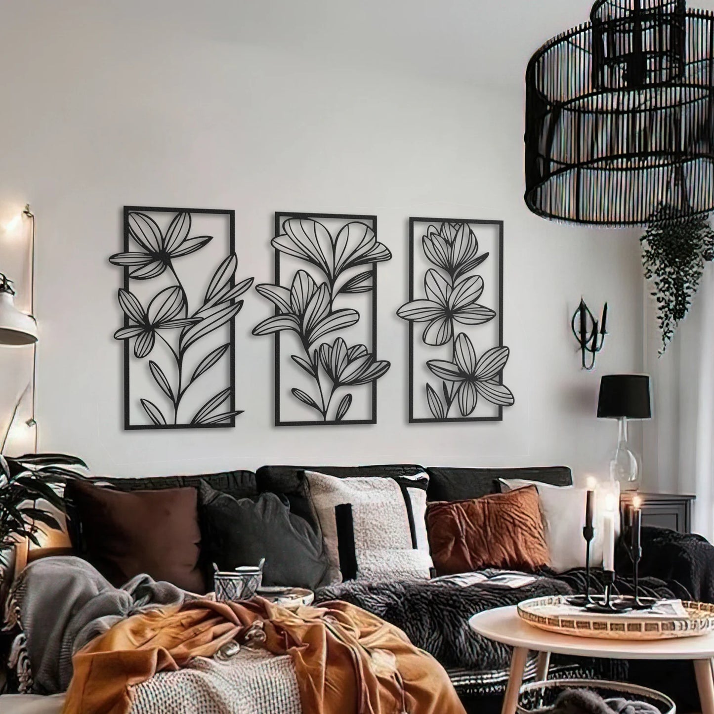 Gold Floral Metal Wall Art Set of 3 – Large Boho Home Decor