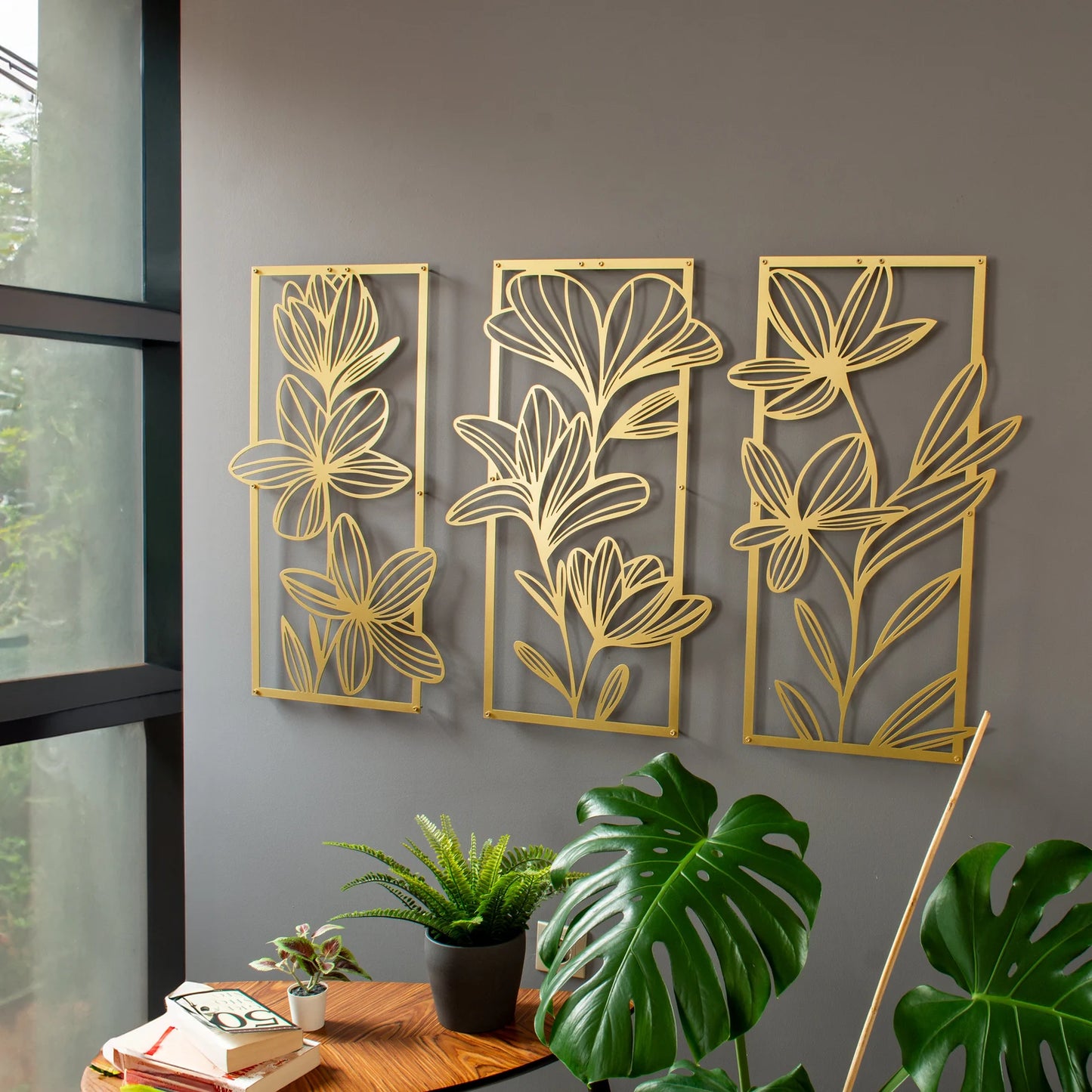 Gold Floral Metal Wall Art Set of 3 – Large Boho Home Decor