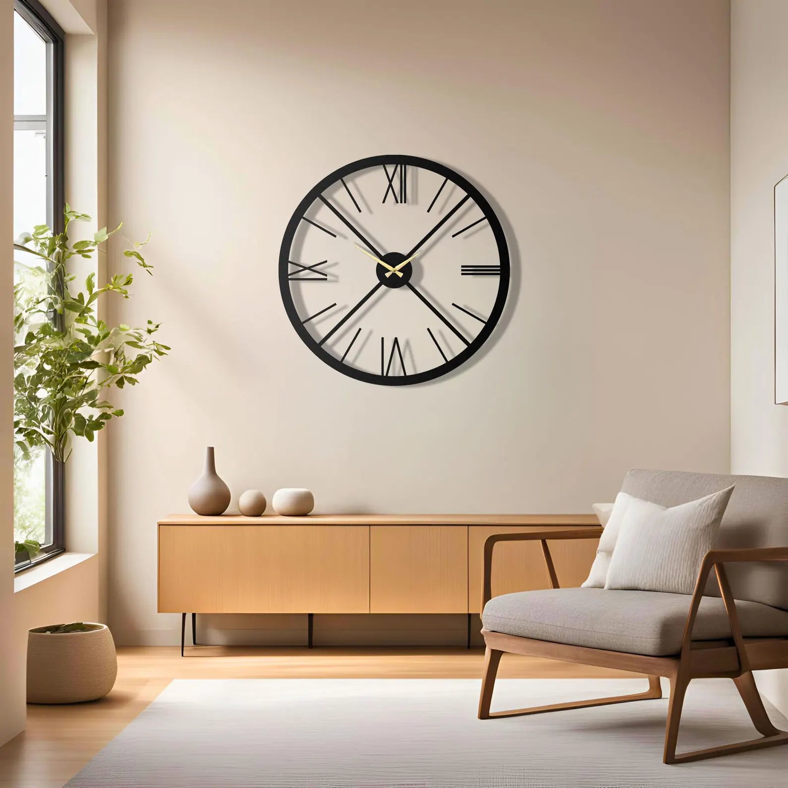 Extra Large Metal Wall Clock – Roman Numerals Decor