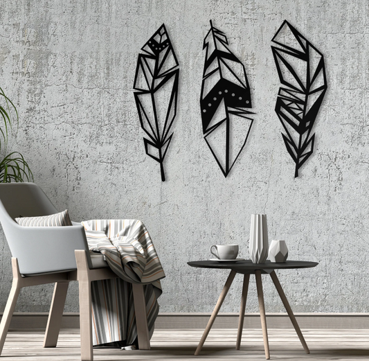 Metal Feather Wall Hanging – Geometric Style (3Pcs)