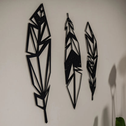 Metal Feather Wall Hanging – Geometric Style (3Pcs)