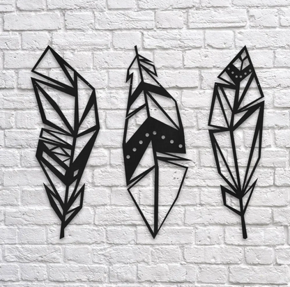 Metal Feather Wall Hanging – Geometric Style (3Pcs)