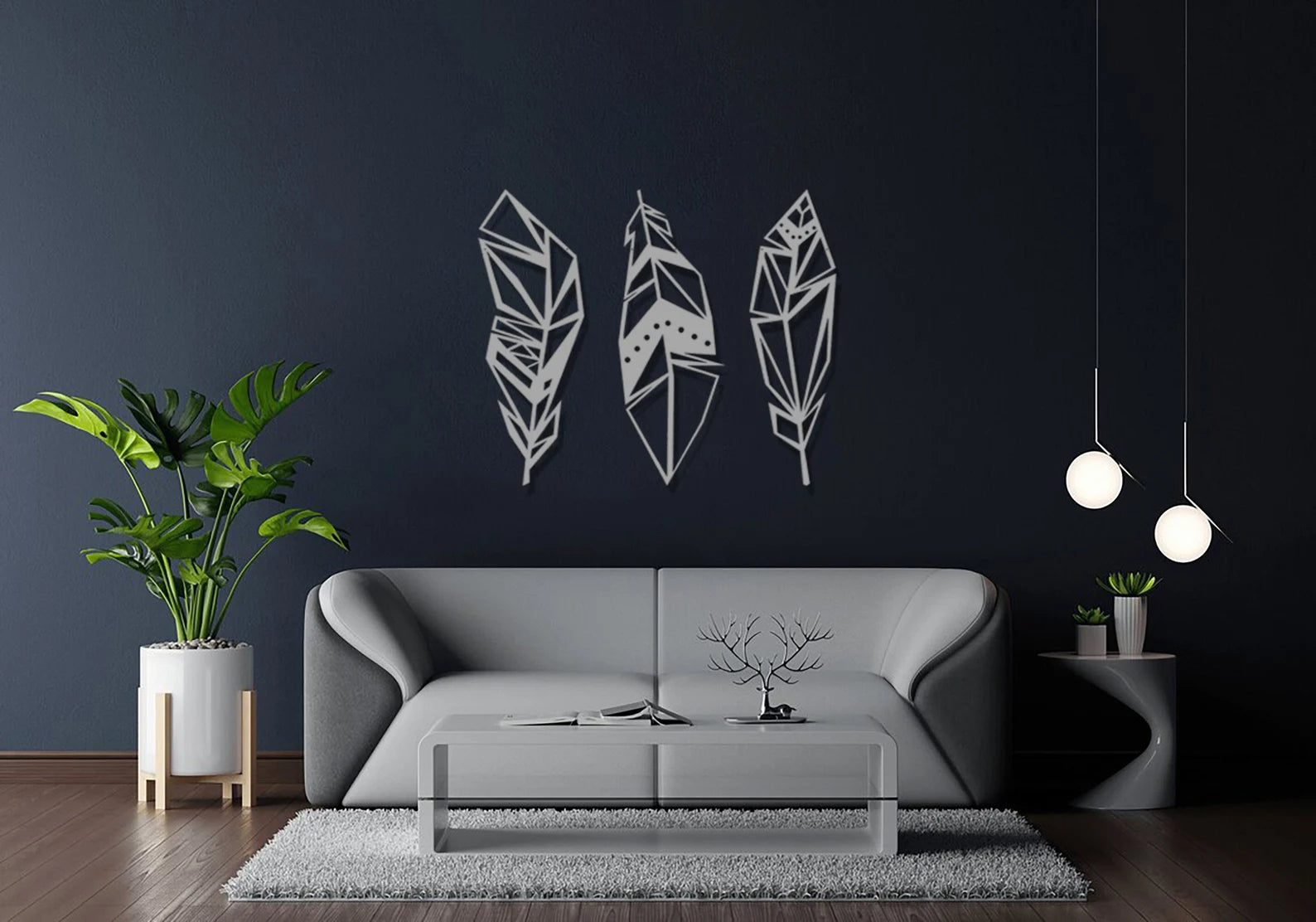 Geometric Metal Feather Wall Hanging (3Pcs)