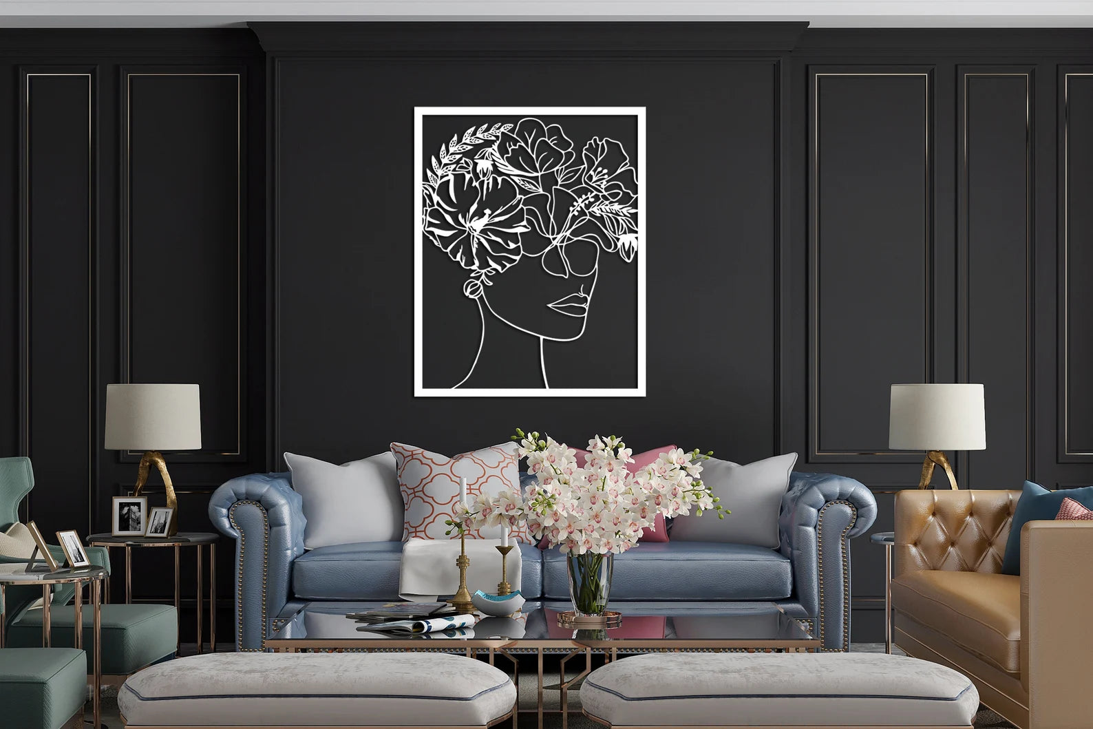 Abstract Woman Face Wall Art- Floral Metal Design