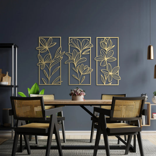 Gold Floral Metal Wall Art Set of 3 – Large Boho Home Decor
