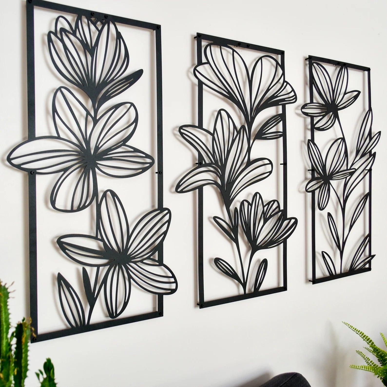 Black Floral Metal Wall Art (Set of 3) –  Modern Homes