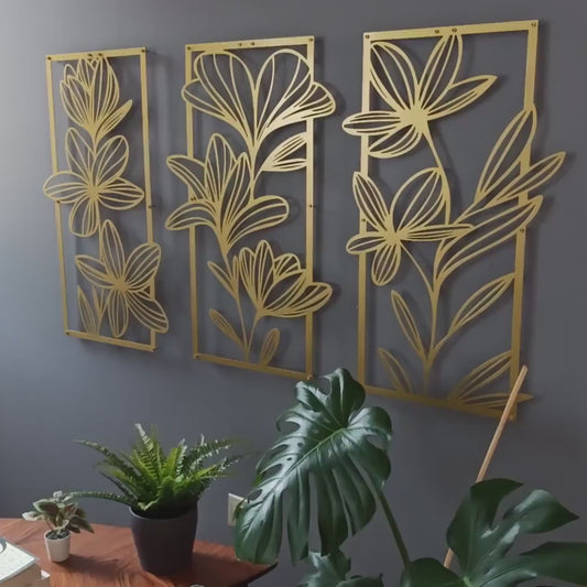 Gold Floral Metal Wall Art Set of 3 – Large Boho Home Decor